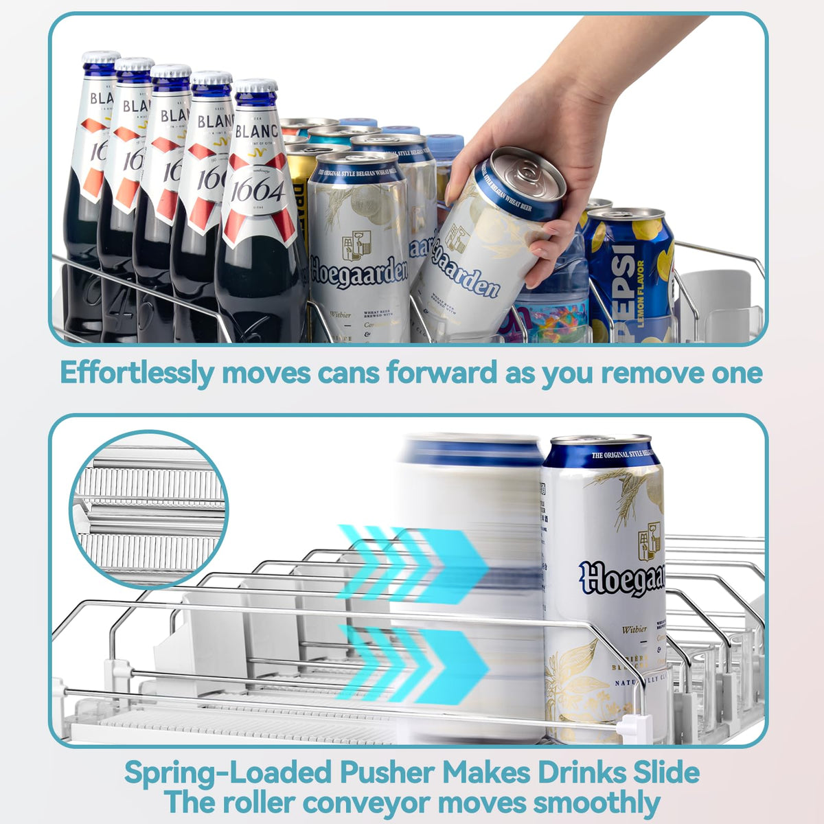 Adjustable Fridge Drink Organizer Water Bottle Pusher White DEMO