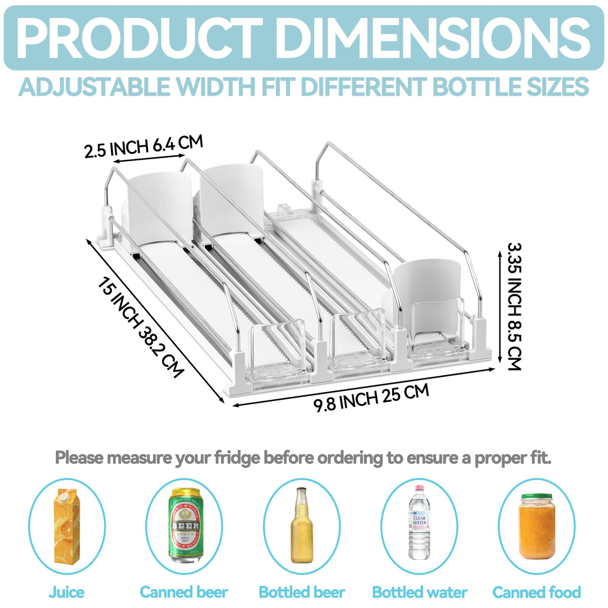 Adjustable Fridge Drink Organizer Water Bottle Pusher White DEMO