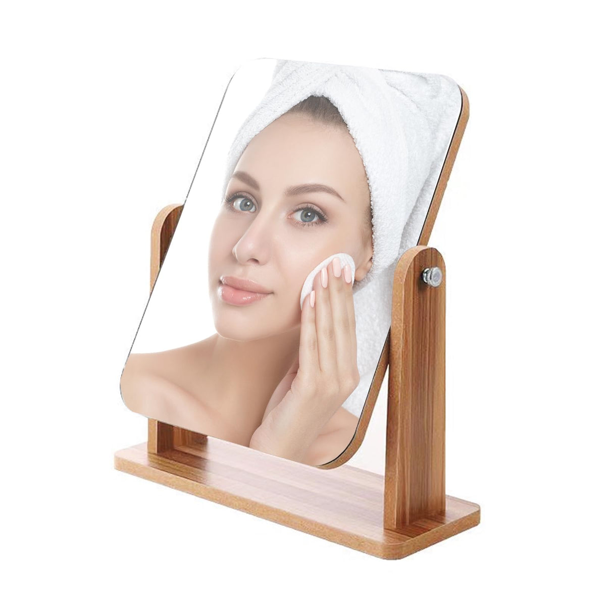 TAVVKE Cosmetic Makeup Mirrors Mirror with Wooden Stand 360° Rotating Brown DEMO
