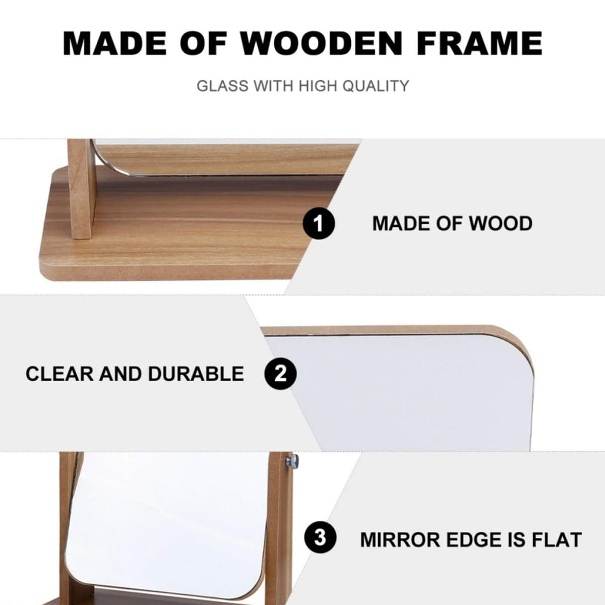 TAVVKE Cosmetic Makeup Mirrors Mirror with Wooden Stand 360° Rotating Brown DEMO