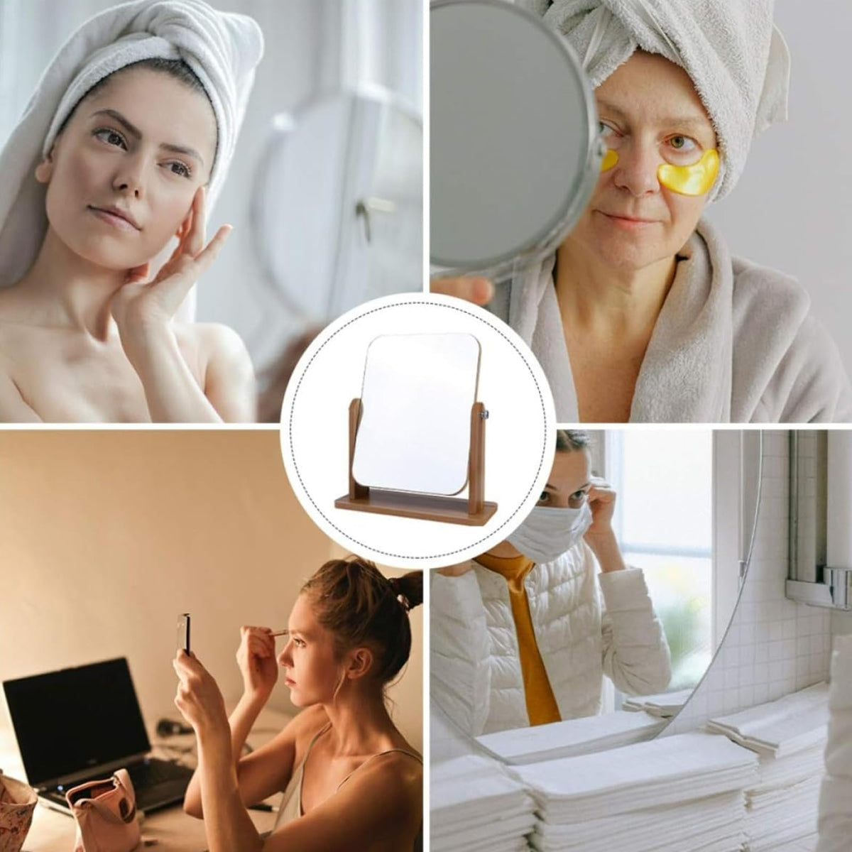 TAVVKE Cosmetic Makeup Mirrors Mirror with Wooden Stand 360° Rotating Brown DEMO