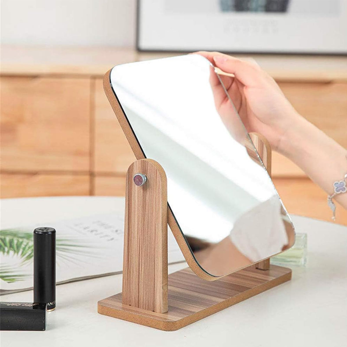 TAVVKE Cosmetic Makeup Mirrors Mirror with Wooden Stand 360° Rotating Brown DEMO