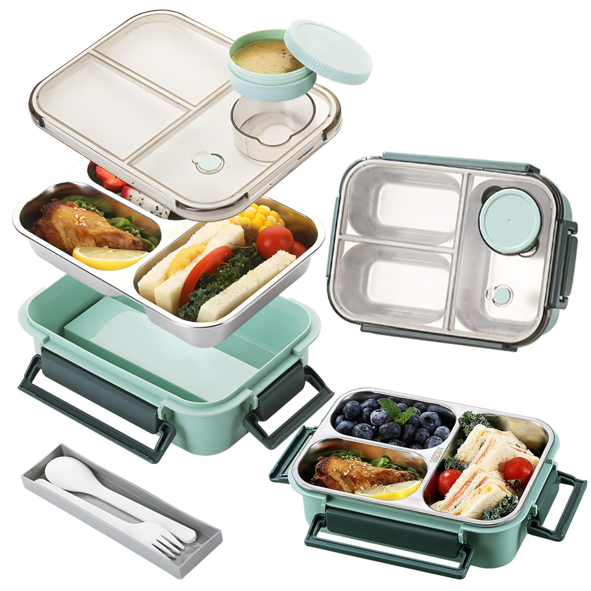 Pearyaest Stainless Steel Bento Lunch Box 3 Compartments Green NEW