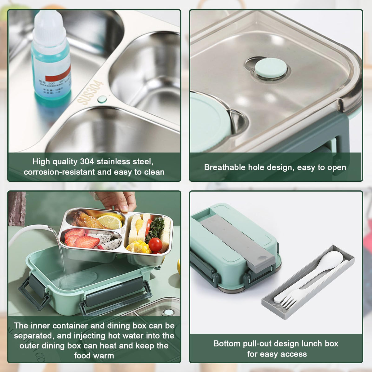 Pearyaest Stainless Steel Bento Lunch Box 3 Compartments Green NEW
