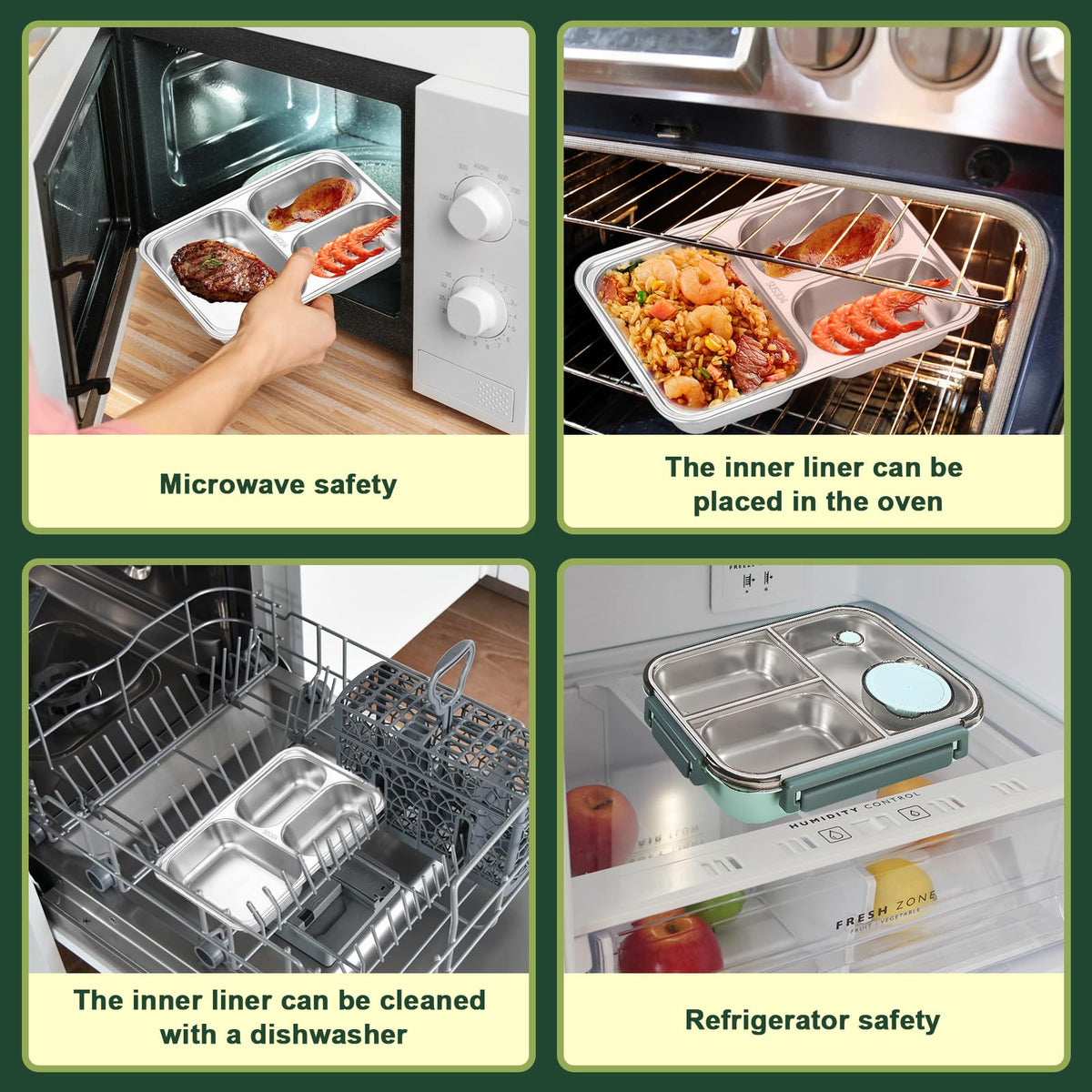 Pearyaest Stainless Steel Bento Lunch Box 3 Compartments Green NEW