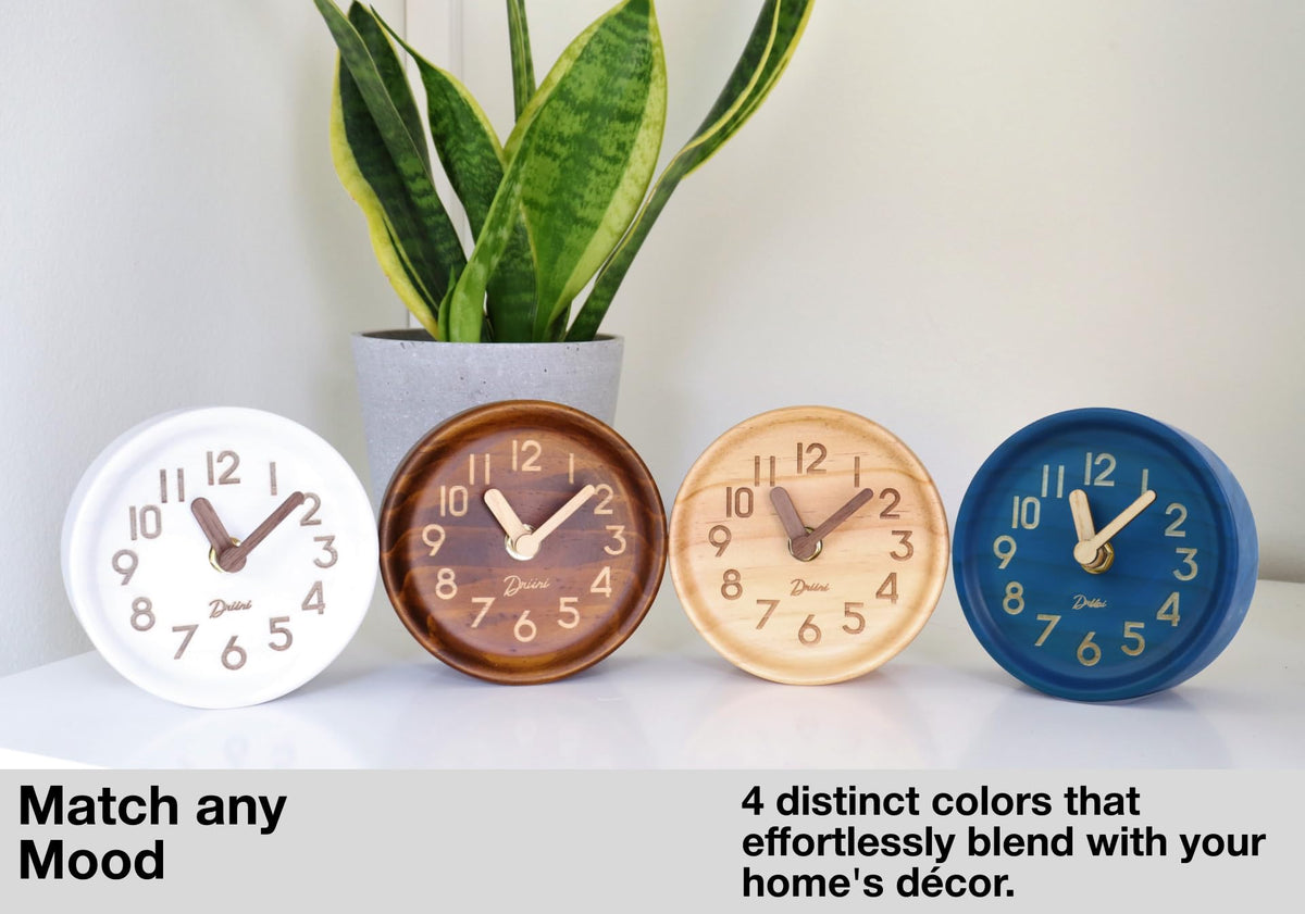Driini White Clocks Wooden Desk Clock 11cm - Analogue Ticking Design Size DEMO