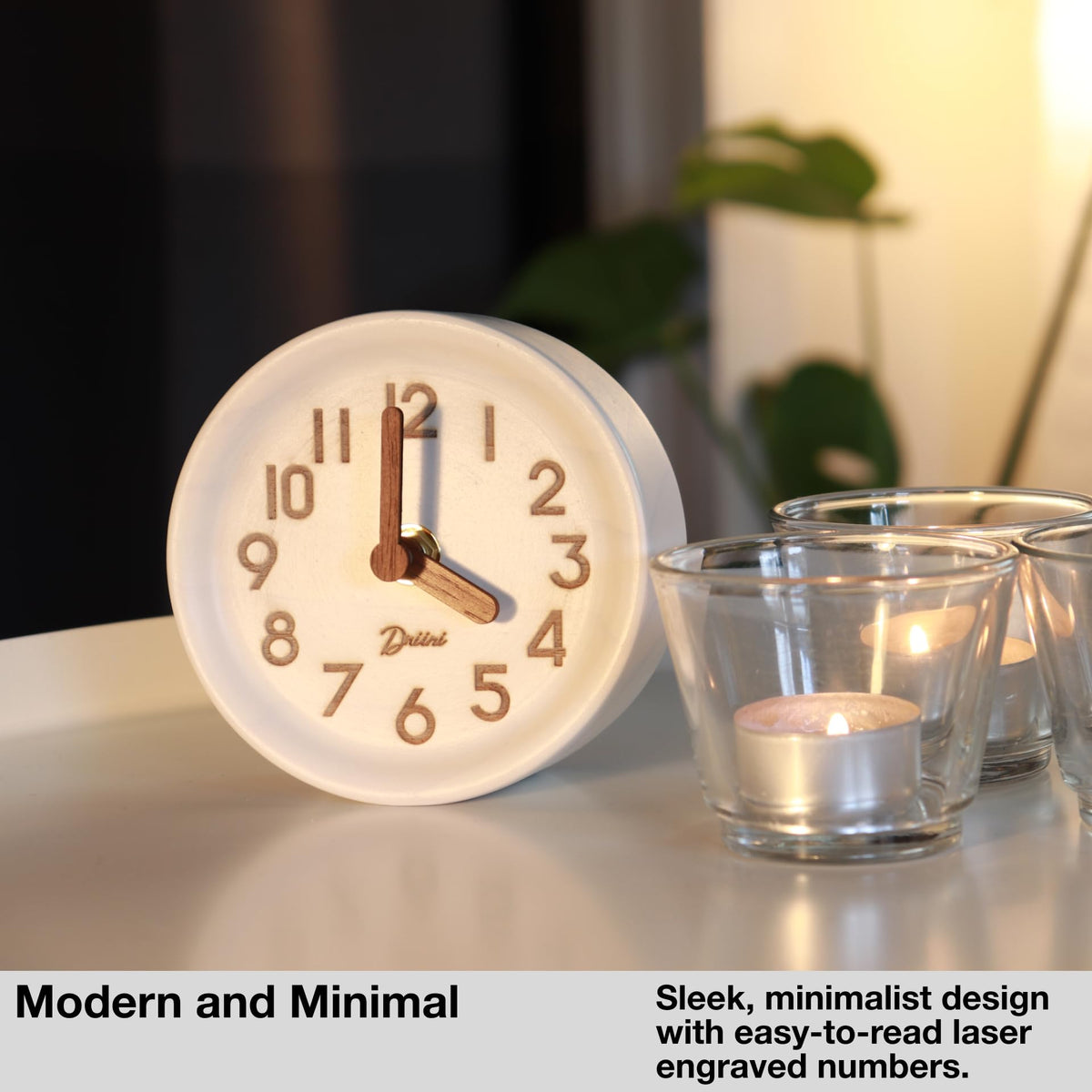 Driini White Clocks Wooden Desk Clock 11cm - Analogue Ticking Design Size DEMO