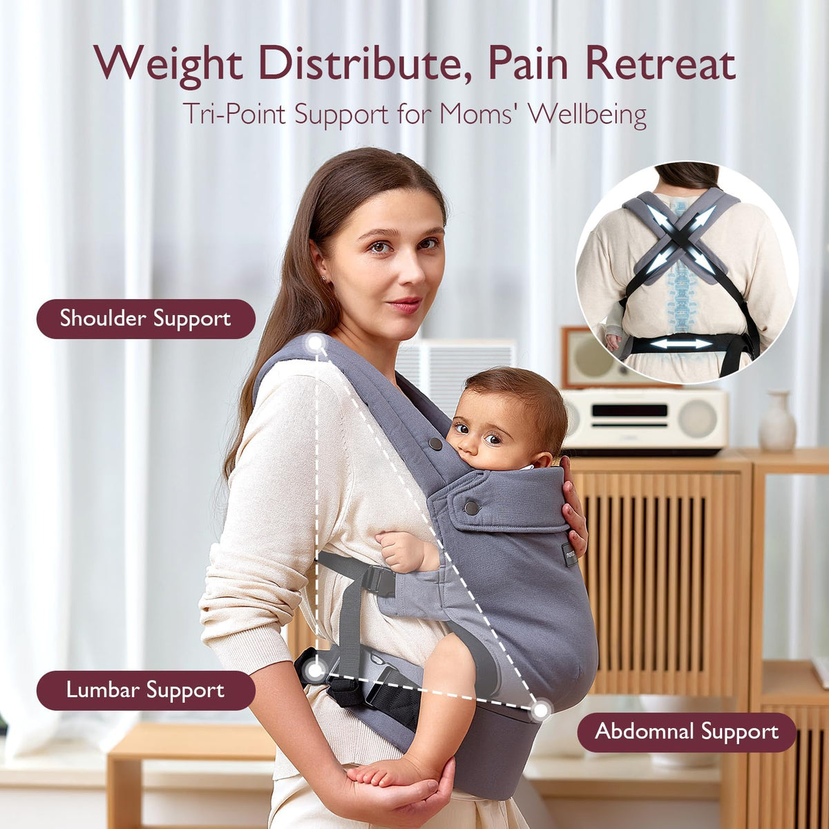 Momcozy PureHug Ergonomic Baby Carrier Grey Lightweight 7-45 lbs NEW