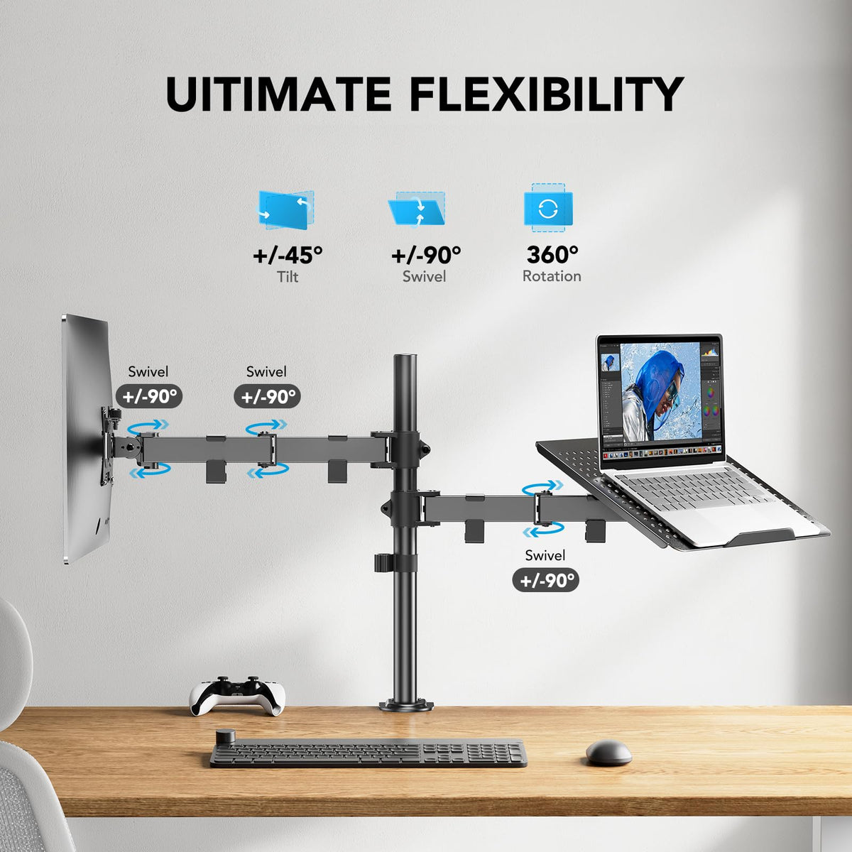 HUANUO Dual Monitor Stand with Laptop Tray - Black Alloy Steel NEW