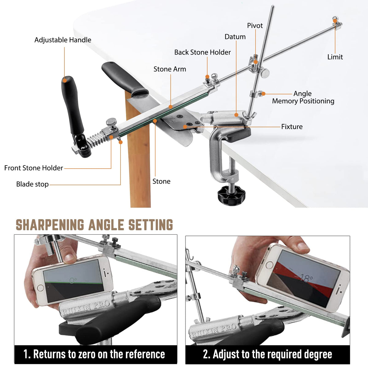 MOVIRON Manual Knife Sharpener with 10 Whetstones 360° Silver DEMO