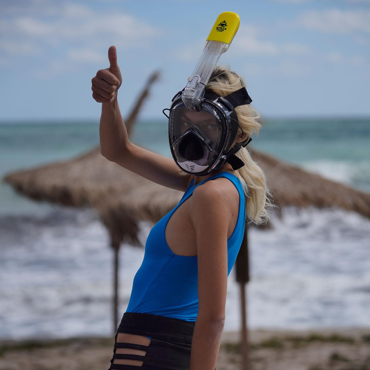 Ninja Shark Full Face Snorkel Mask 180° Panoramic Anti-Fog Blue Size S/M NEW