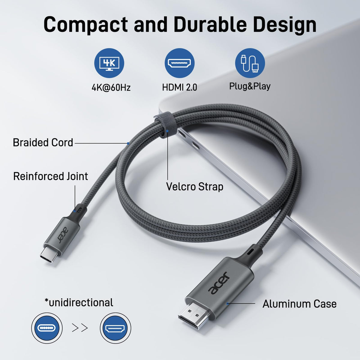 Acer USB C to HDMI Cable 4K@60Hz 3M Thunderbolt Compatible Grey NEW