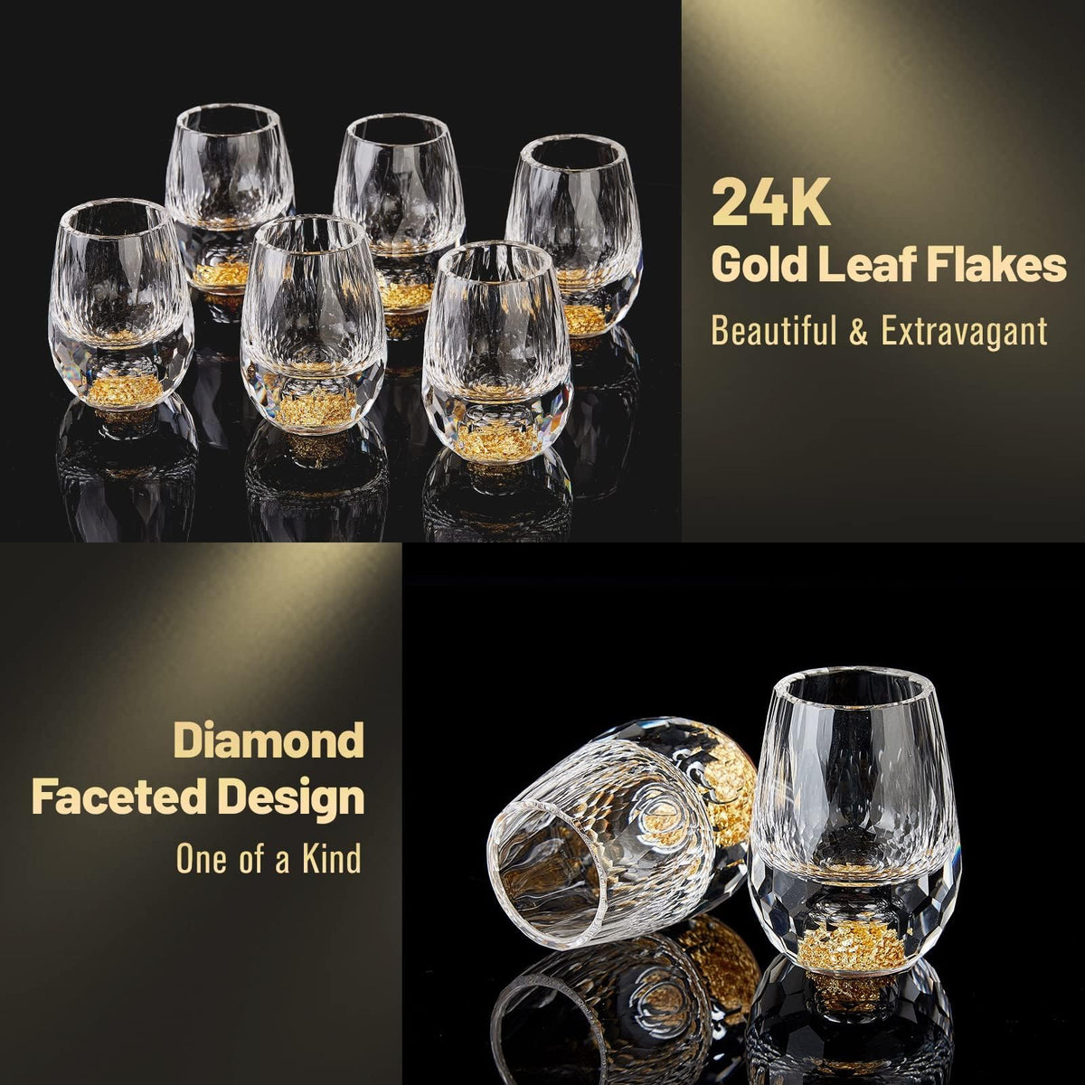 DUJUST Diamond Design Shot Glasses 1.5oz Crystal Set of 6 Gold Sparkle Base NEW