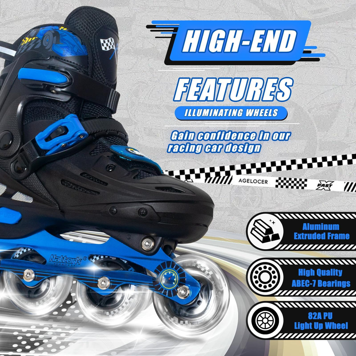 Nattork Kids Inline Skates Small Blue On Black Design Shoes Size Small NEW