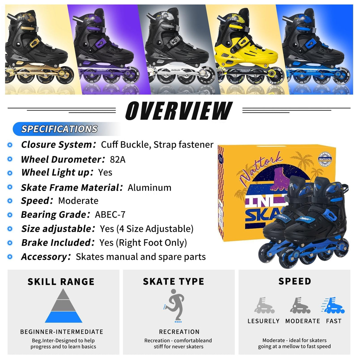 Nattork Kids Inline Skates Small Blue On Black Design Shoes Size Small NEW