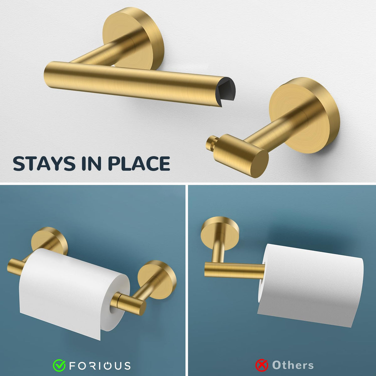 FORIOUS 4 Piece Hooks, Towel & Double Post Toilet Paper Holder Dark Gold NEW