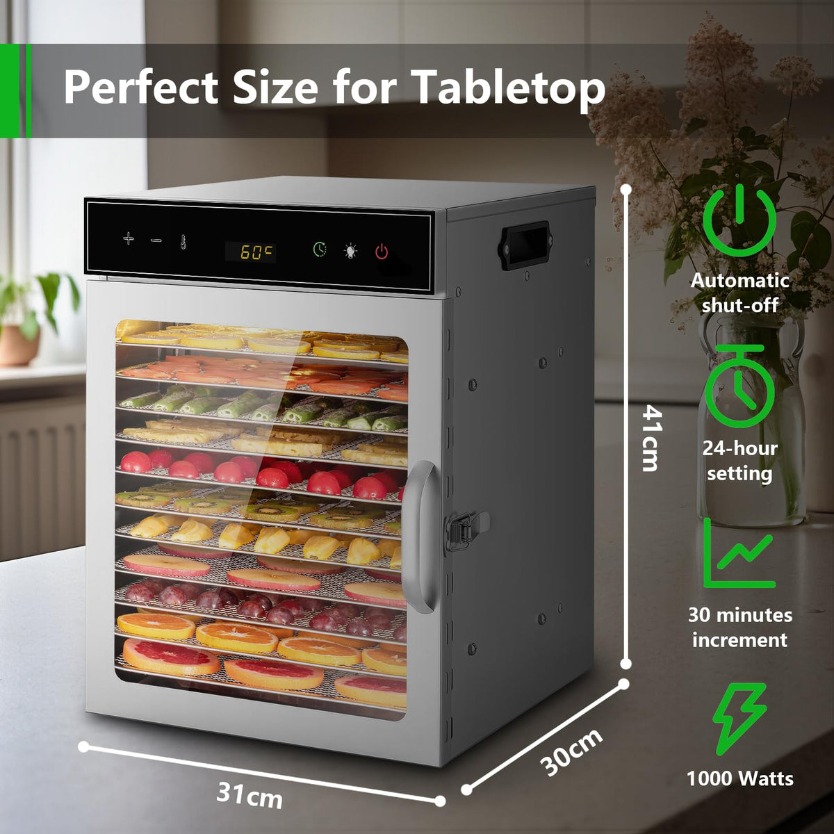 oiyocemo 12-Tray Stainless Steel Food Dehydrator - BPA-Free Silver NEW