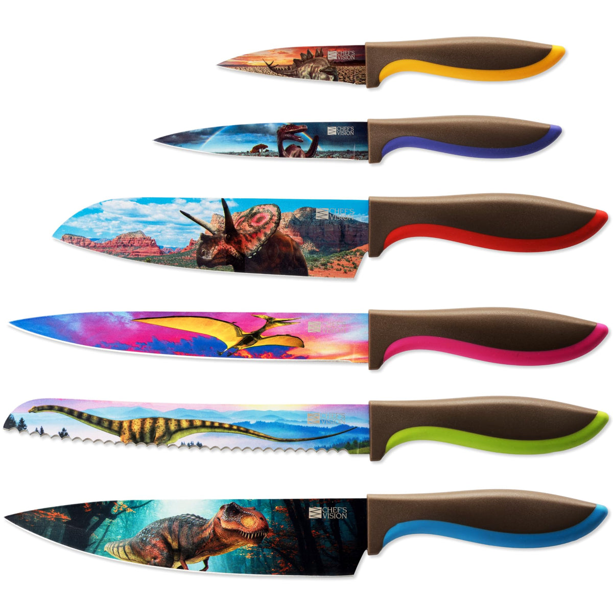Chef's Vision 8 Inch Stainless Steel DINOSAUR Design Kitchen Knife Set NEW
