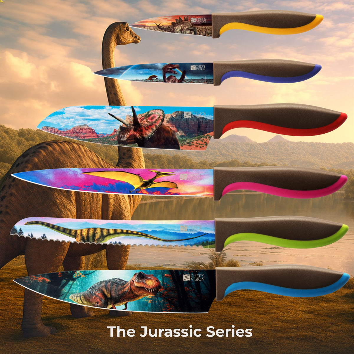 Chef's Vision 8 Inch Stainless Steel DINOSAUR Design Kitchen Knife Set NEW