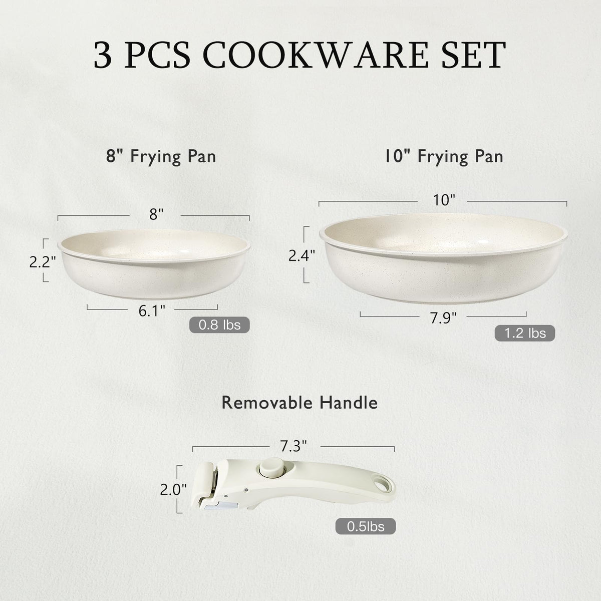 GiPP Cream Non Stick Frying Pans Set 3PCS Removable Handle Oven Safe 20/26cm NEW