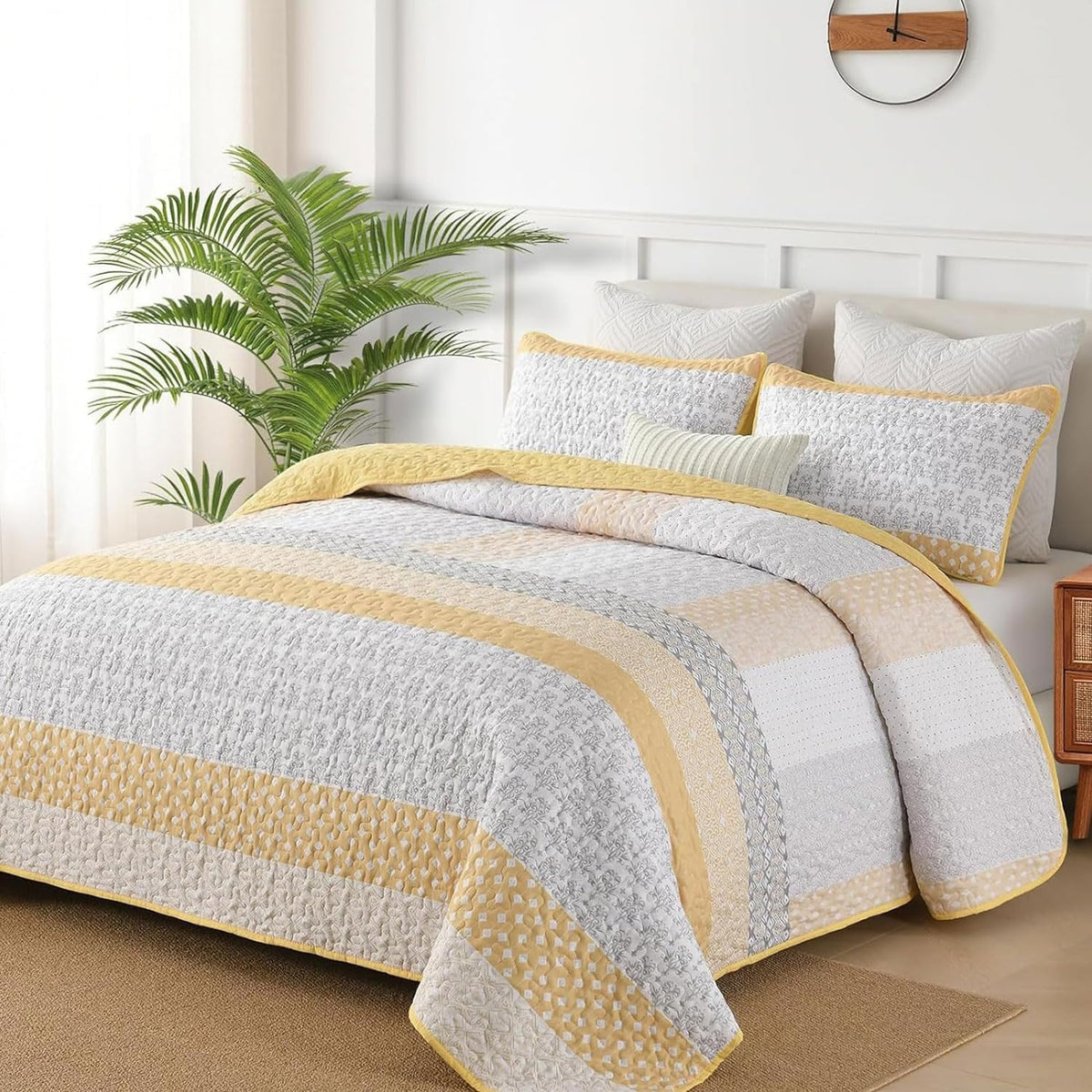 WONGS BEDDING Yellow Bohemian Stripe Quilt Set 3Pce Set QUEEN Size NEW