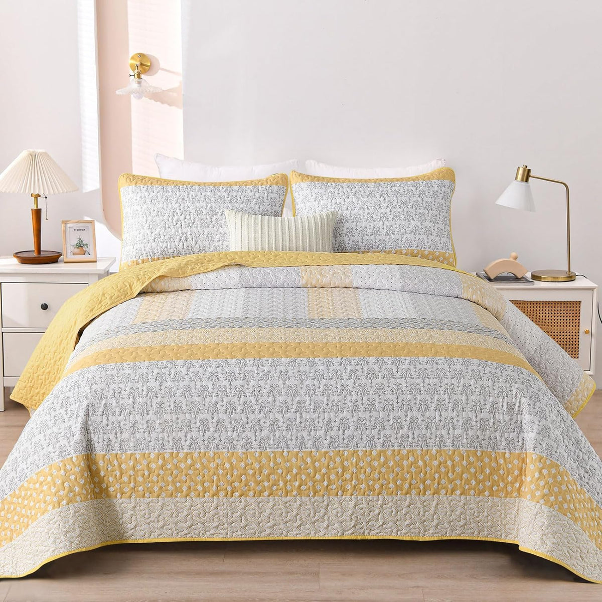 WONGS BEDDING Yellow Bohemian Stripe Quilt Set 3Pce Set QUEEN Size NEW