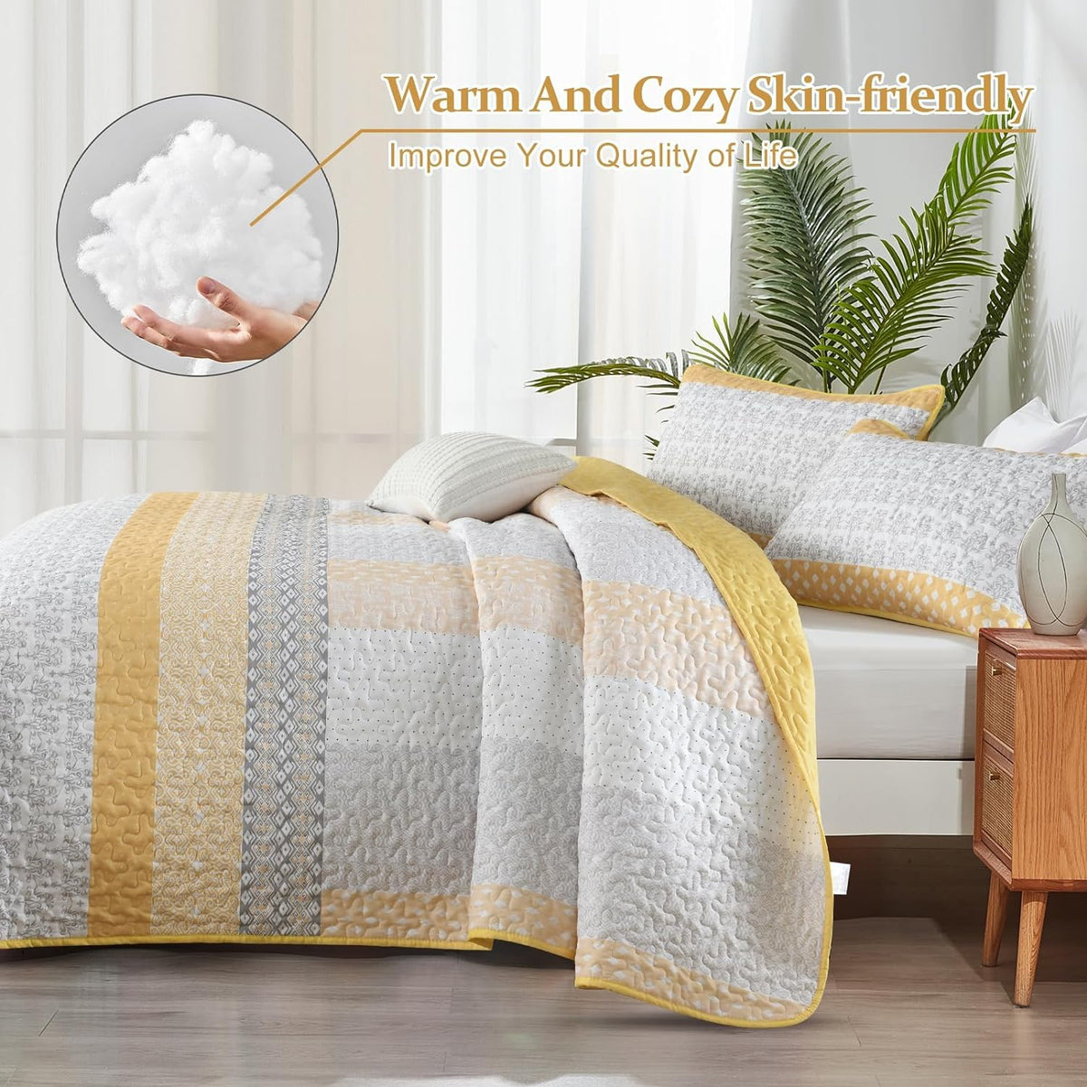 WONGS BEDDING Yellow Bohemian Stripe Quilt Set 3Pce Set QUEEN Size NEW