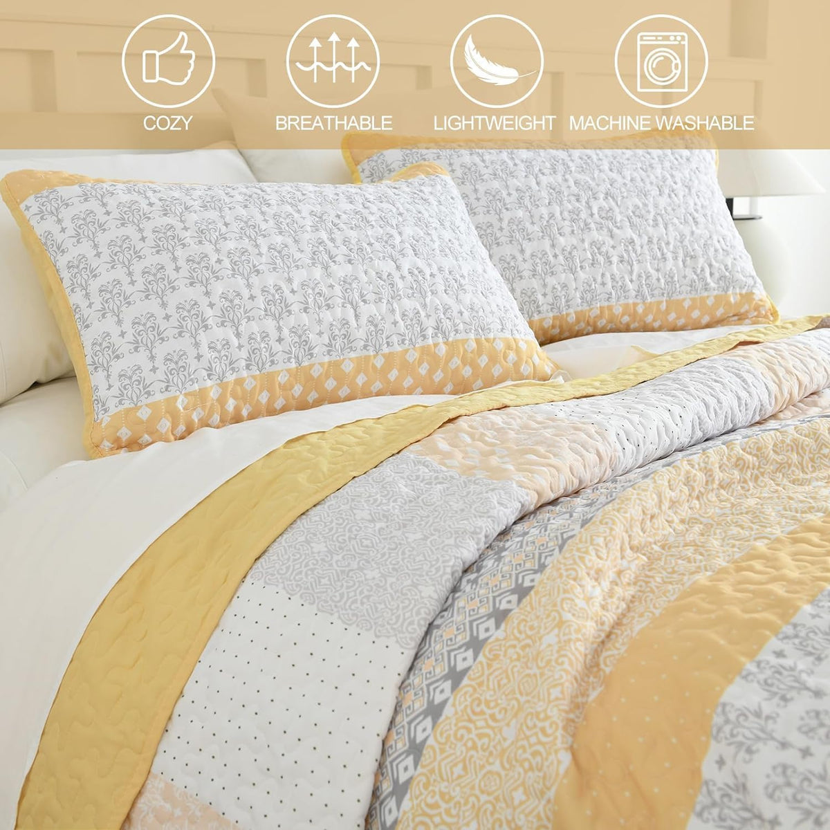 WONGS BEDDING Yellow Bohemian Stripe Quilt Set 3Pce Set QUEEN Size NEW