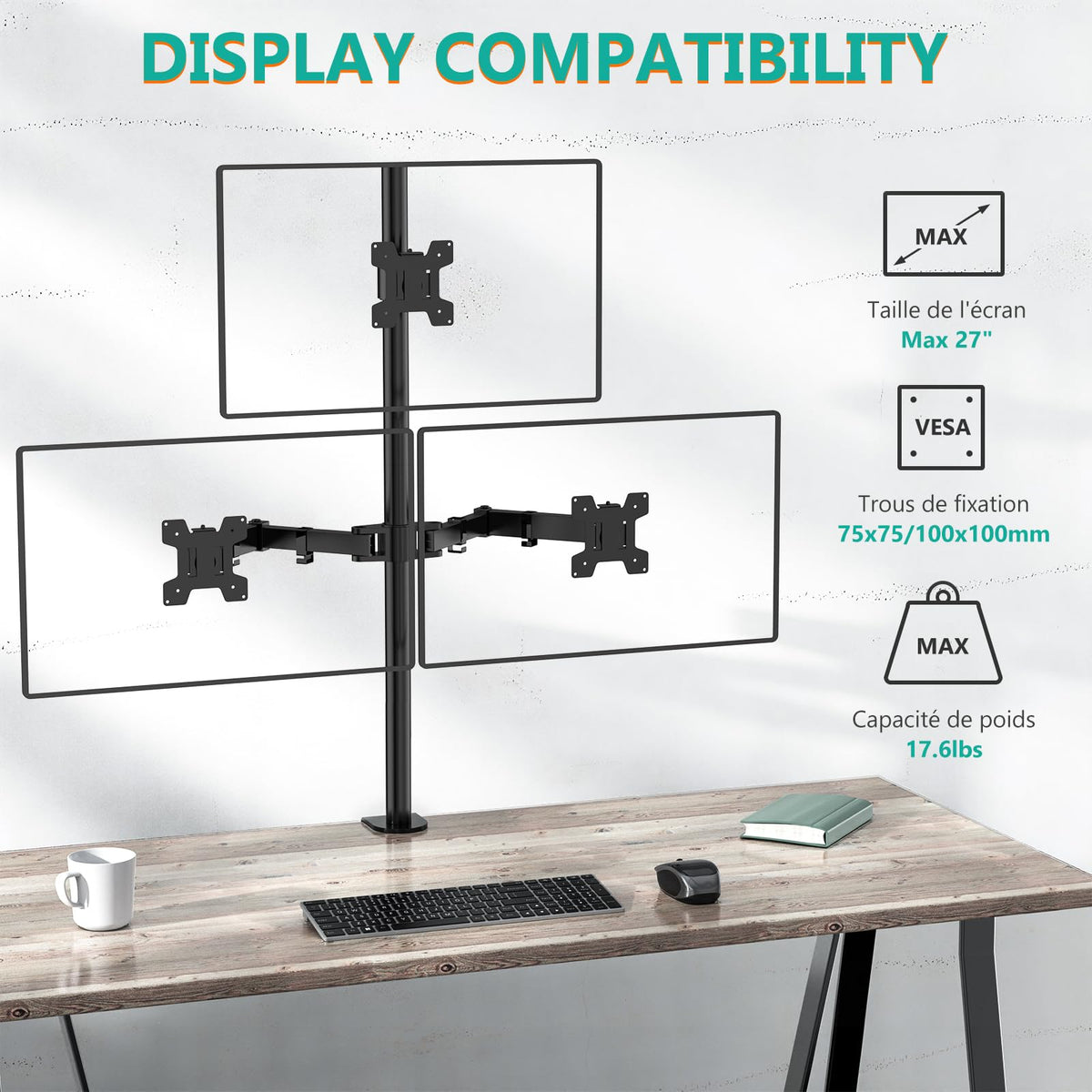 WALI Triple Monitor Mount Arm for 13-27 Inch Screens Black Desk Stand NEW