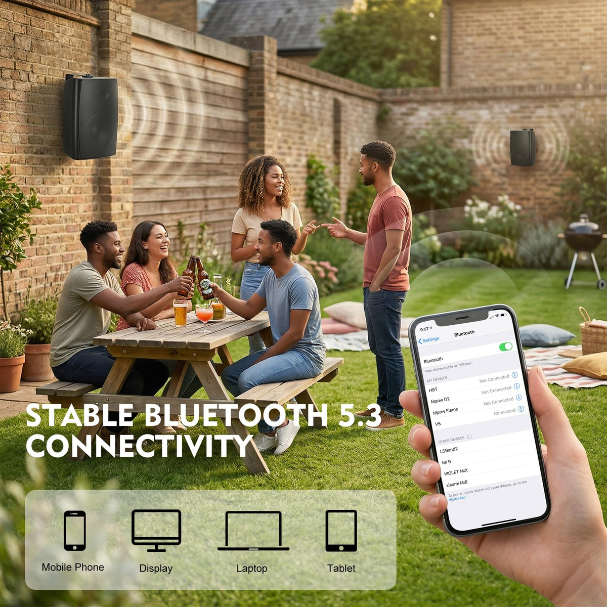 Herdio 6.5" Outdoor Bluetooth Speakers Waterproof Black NEW