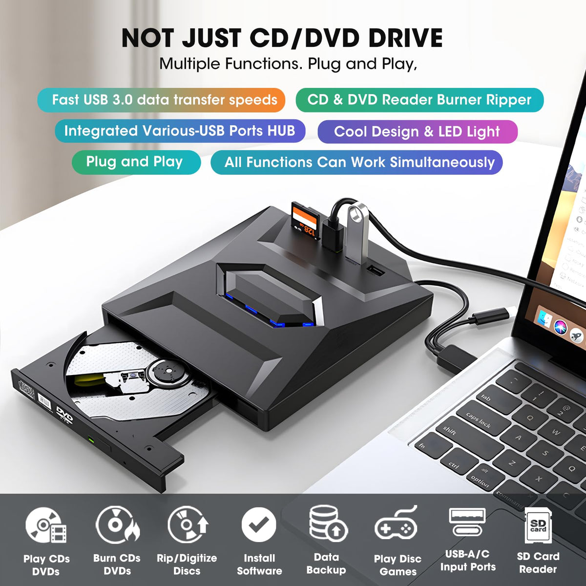 ROOFULL External CD DVD Drive USB 3.0 Type-C Hub SD Card Reader Jet Black DEMO