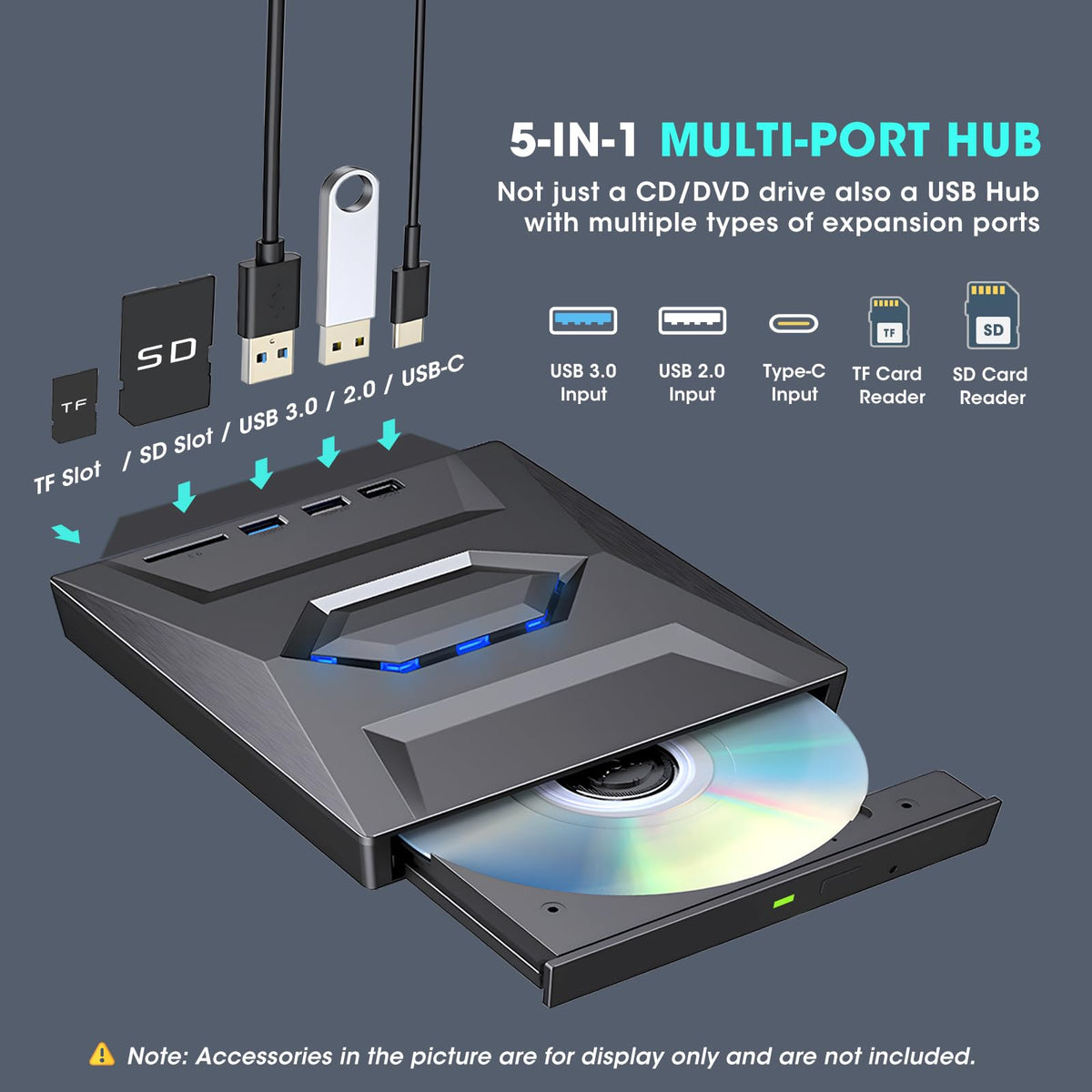 ROOFULL External CD DVD Drive USB 3.0 Type-C Hub SD Card Reader Jet Black DEMO