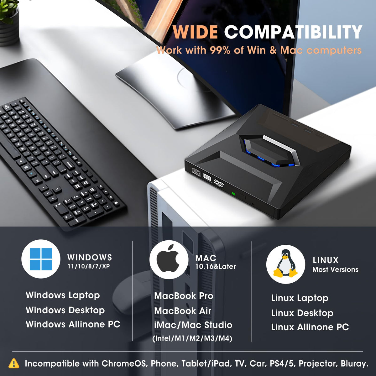 ROOFULL External CD DVD Drive USB 3.0 Type-C Hub SD Card Reader Jet Black DEMO