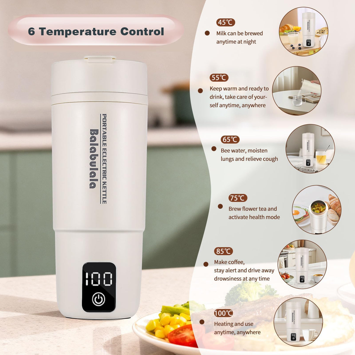 Balabulala Portable Electric Kettle 6 Presets White - Fast DEMO