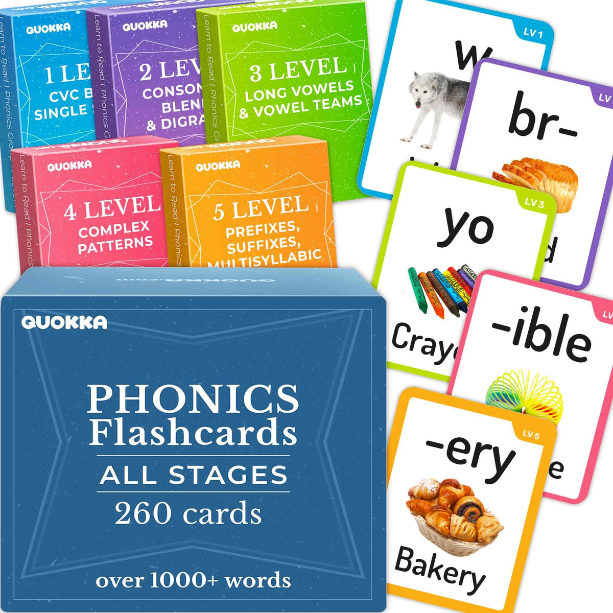 QUOKKA Phonics Flash Cards for Kids Ages 4-8 Educational 5 Decks 260 Cards NEW
