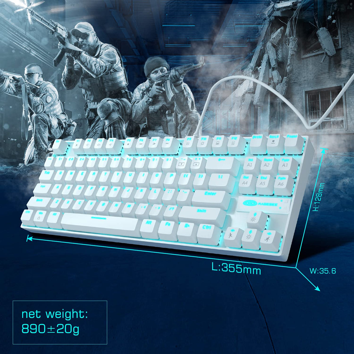 MageGee MK-Star Keyboards 87 Key Mechanical Gaming Keyboard White Blue DEMO