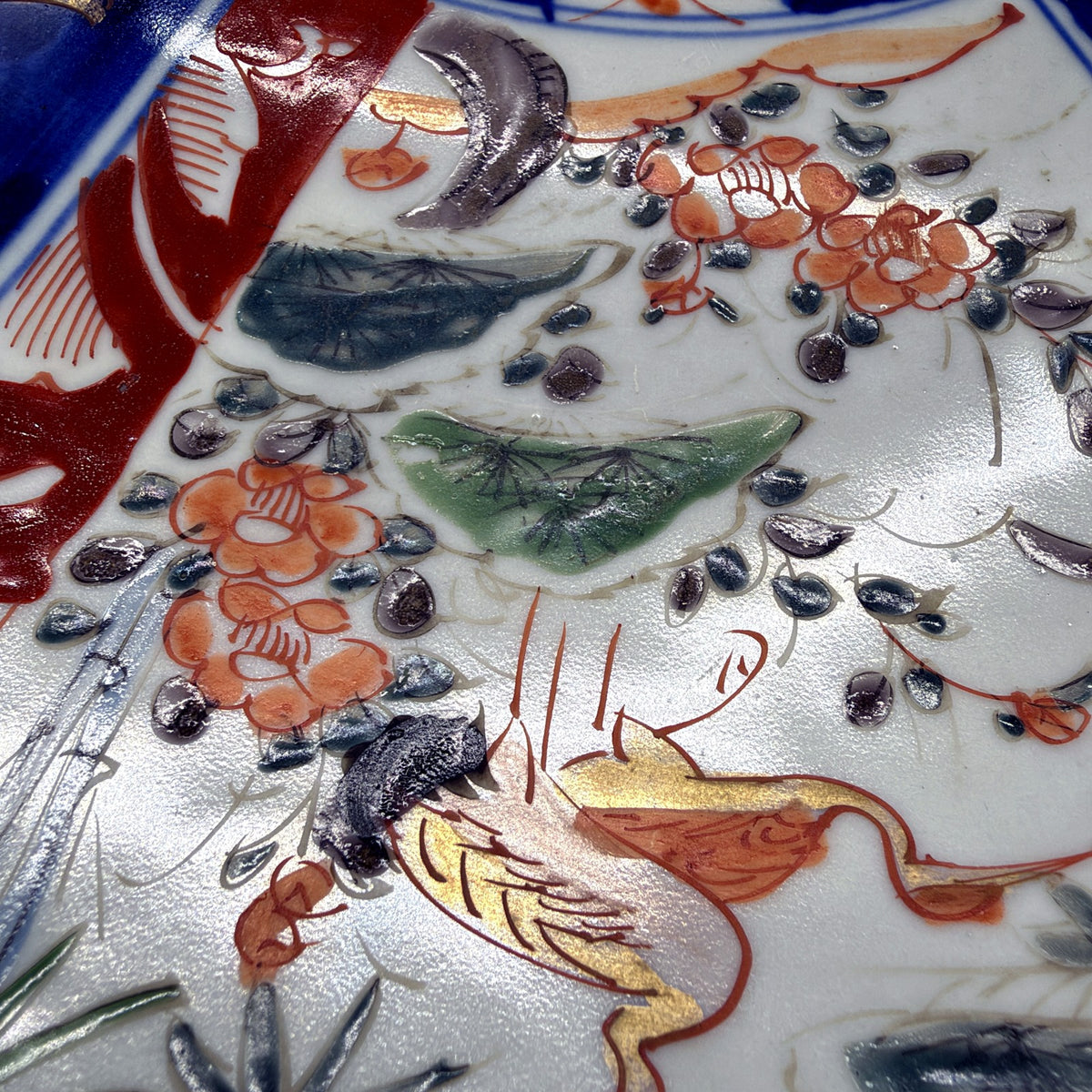 Japan Hand-Painted Large Imari Porcelain Plate Cobalt Blue Clay Red Design 40cm