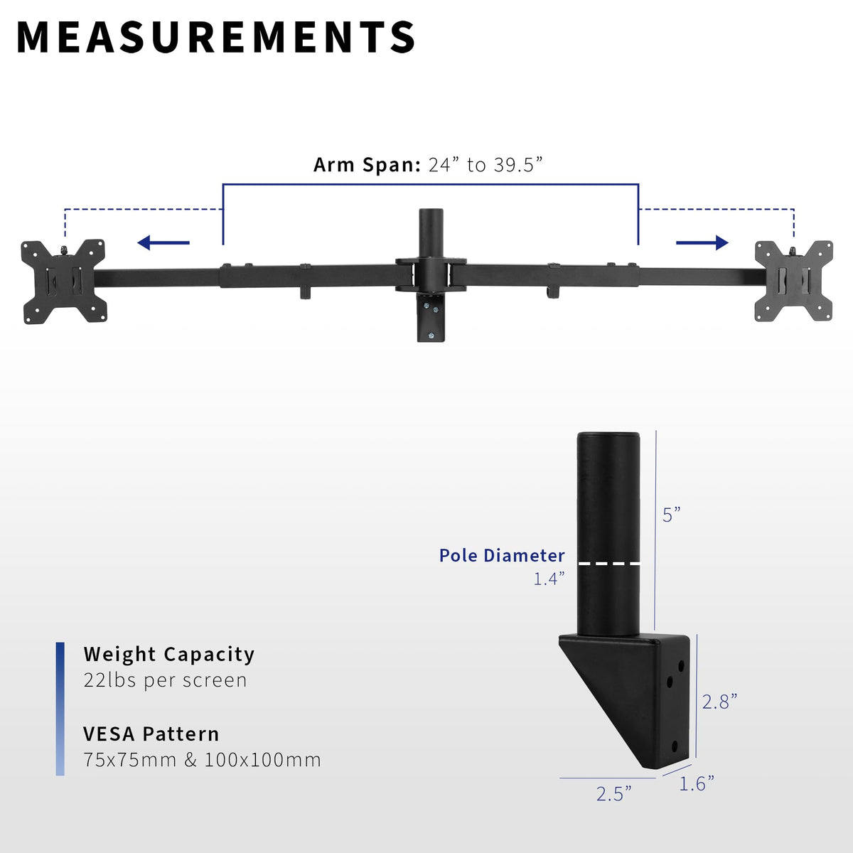 VIVO Premium Dual Monitor Arm Wall Mount Heavy Duty Black Steel NEW