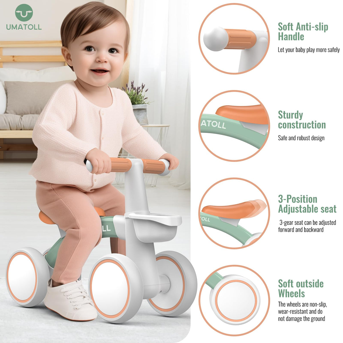 Umatoll Adjustable Baby Balance Bike Green 12-24 Months Toddler NEW