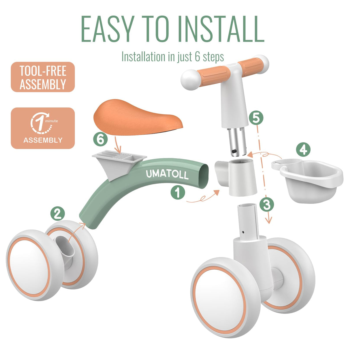 Umatoll Adjustable Baby Balance Bike Green 12-24 Months Toddler NEW