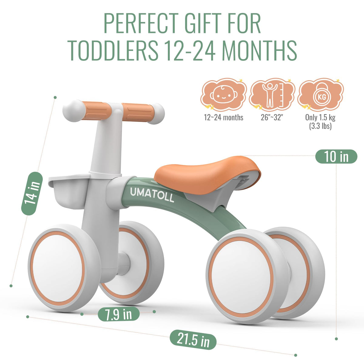 Umatoll Adjustable Baby Balance Bike Green 12-24 Months Toddler NEW