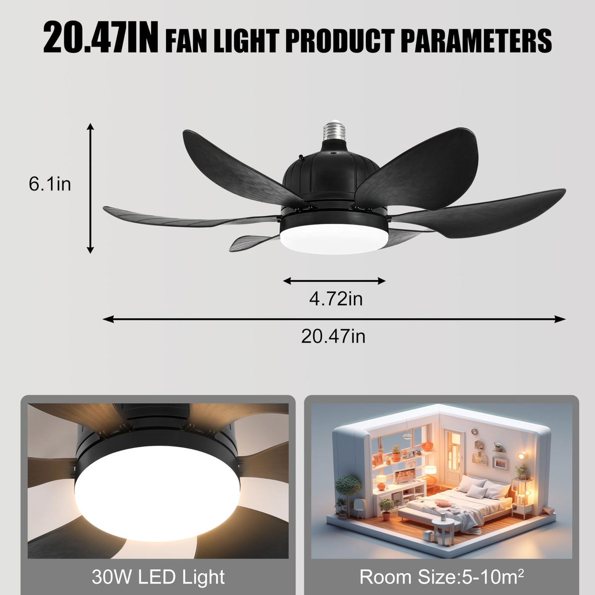 RWNTAOZM JY 6 Blade Socket Fan Light Remote Control Black DEMO