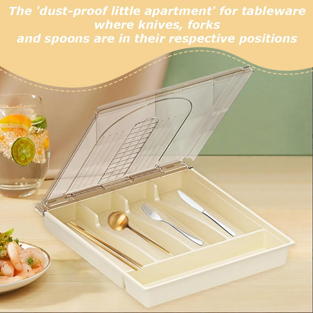 TOMVAES Off-White Dustproof Cutlery Tray with Dividers Kitchen Organizer DEMO