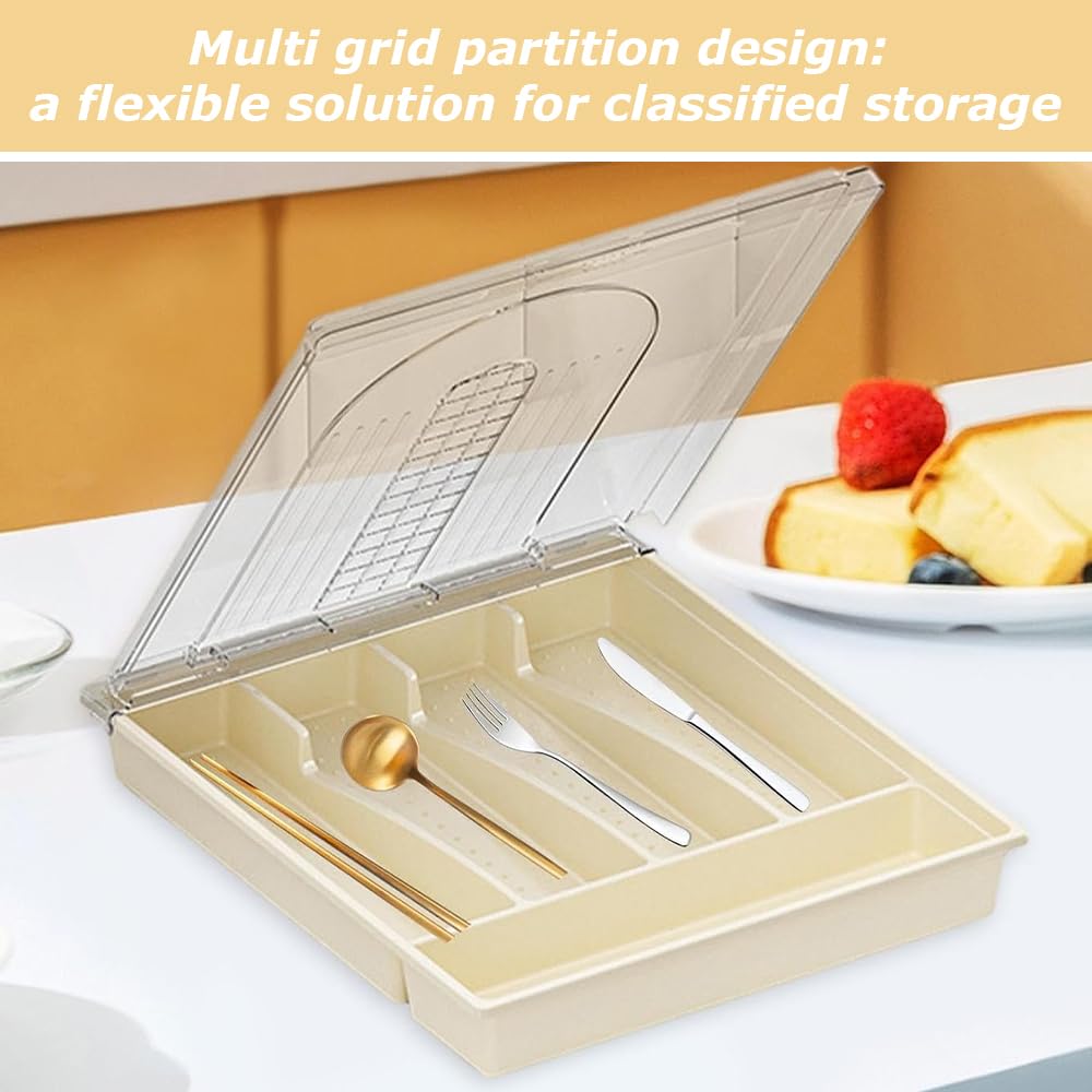 TOMVAES Off-White Dustproof Cutlery Tray with Dividers Kitchen Organizer DEMO