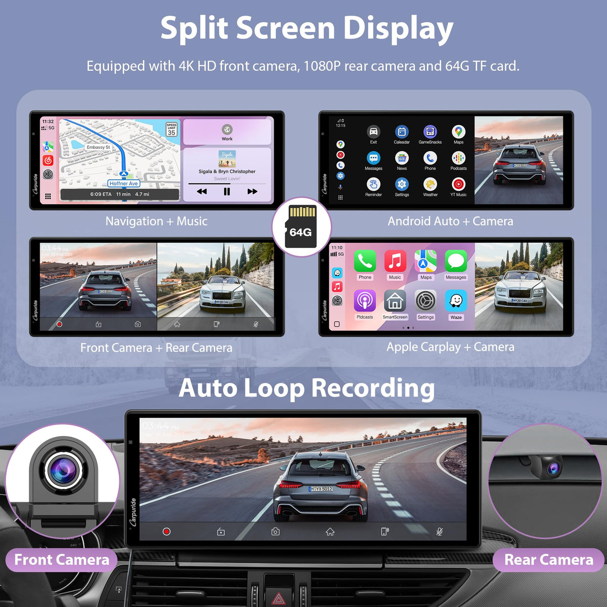 CARPURIDE Wireless On-Dash-Monitoring CarPlay Android Auto Dash Cam 10.26" DEMO