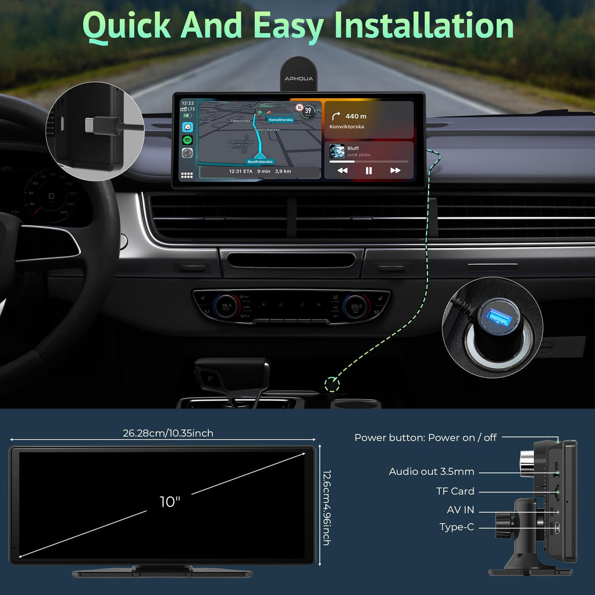 Aphqua 9.3" Wireless CarPlay Android Auto Car Screen Stereo DEMO