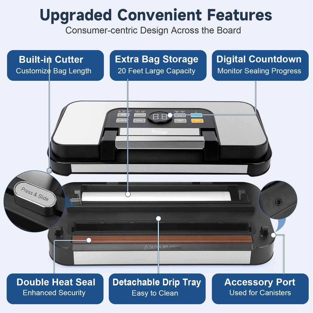 Homiloggo Automatic Vacuum Sealer Machine Food Preservation Silver DEMO