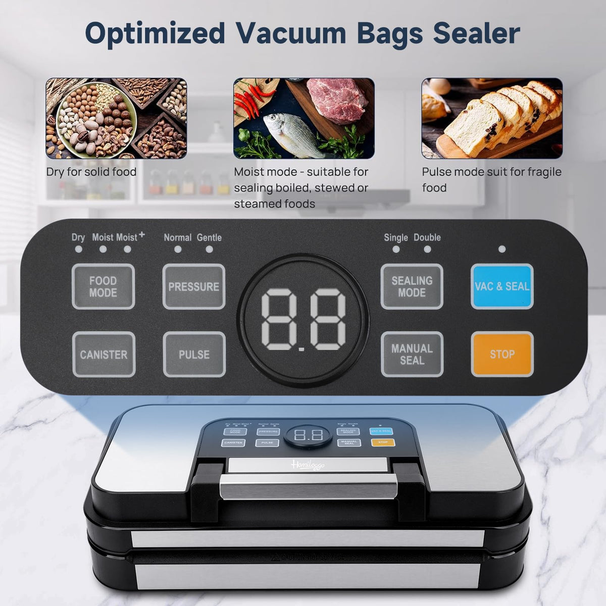 Homiloggo Automatic Vacuum Sealer Machine Food Preservation Silver DEMO