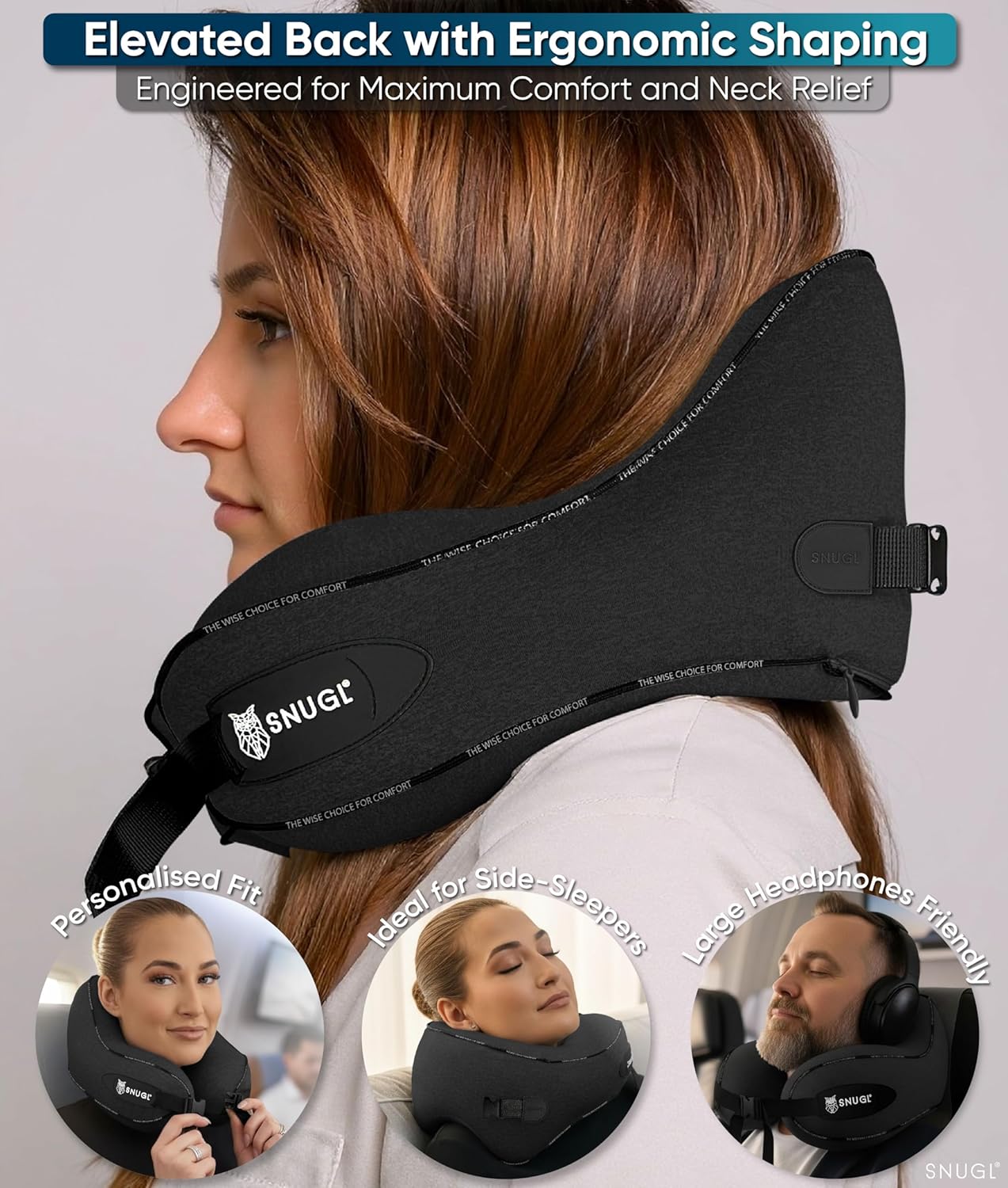 SNUGL Travel Neck Pillow Memory Foam Comfortable Compact Portable Black NEW