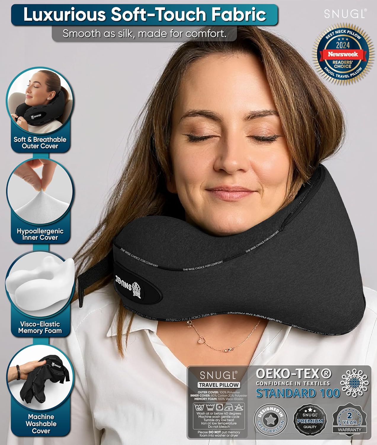 SNUGL Travel Neck Pillow Memory Foam Comfortable Compact Portable Black NEW